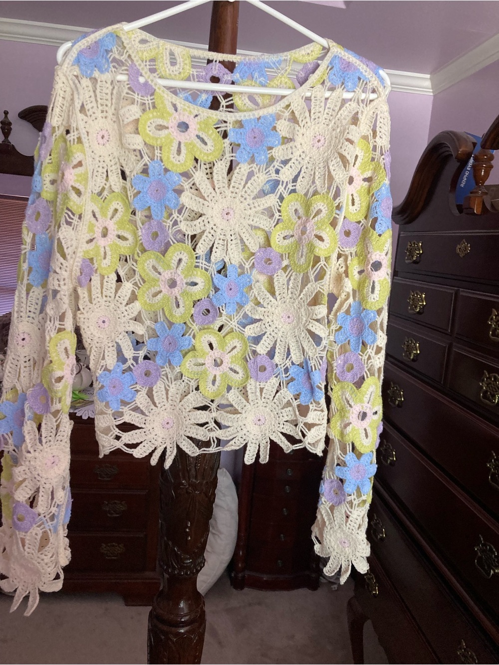 Crochet Floral Lace Long-Sleeve Top - Cream with Pastel Flowers